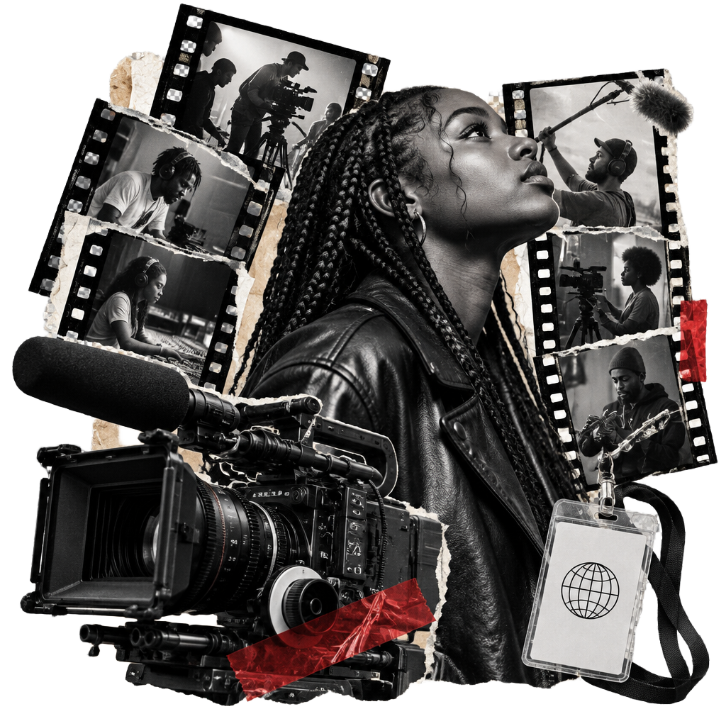 A creative looking toward the future, surrounded by film crews, a cinema camera and a backstage pass